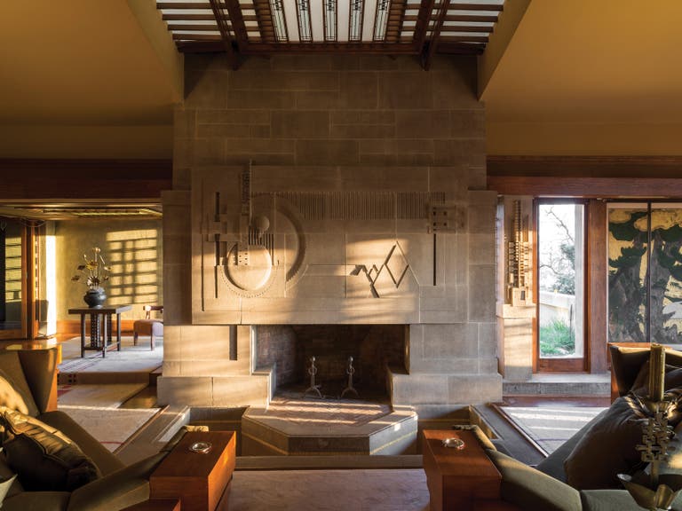 Hollyhock House living room and fireplace