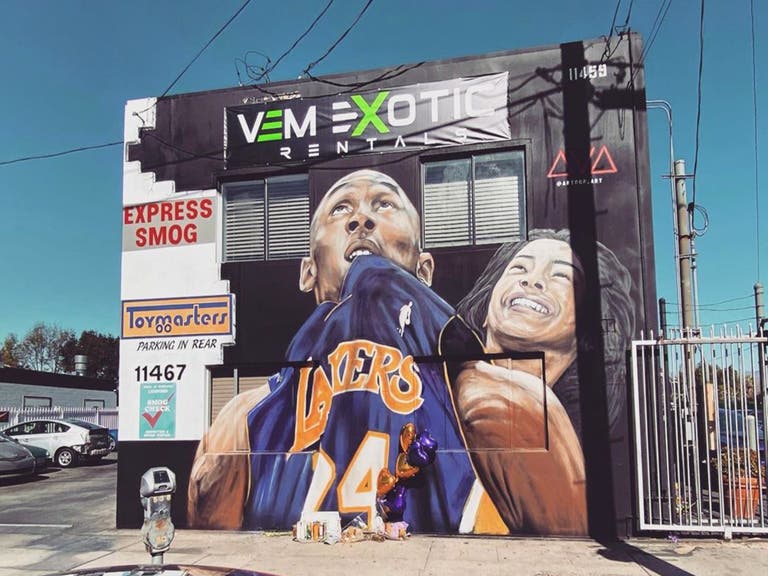 Kobe and Gianna Bryant mural by Artoon at VEM Exotic Rentals in Studio City